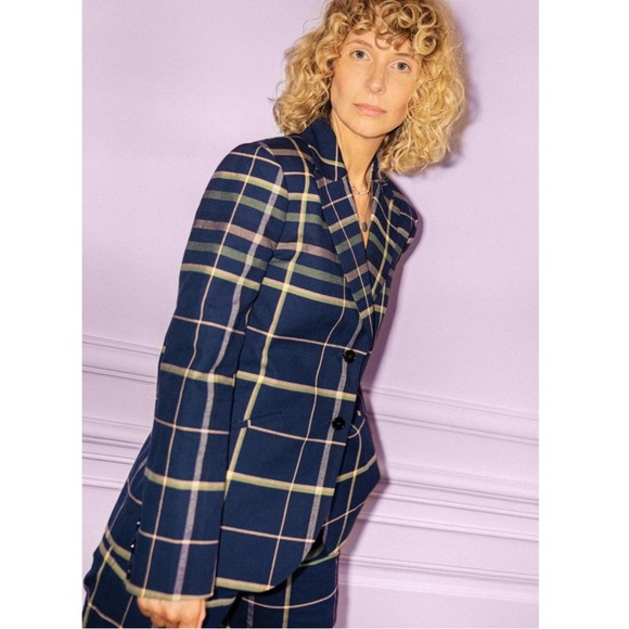 Stine Goya Vina Checked Blazer in Tartan Navy - Picture 1 of 12